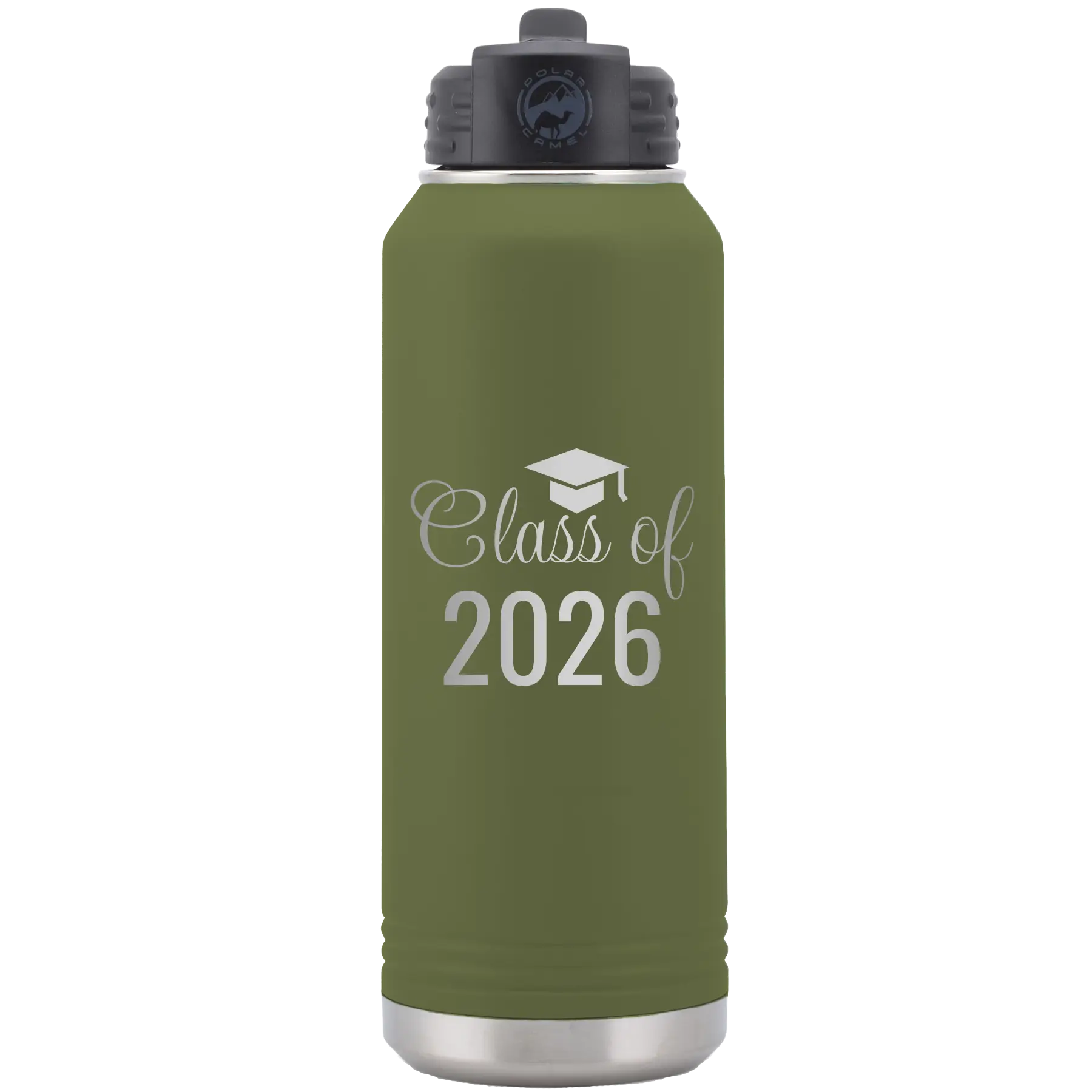 Personalized olive green 32 oz vacuum insulated water bottle with 'Class of' design