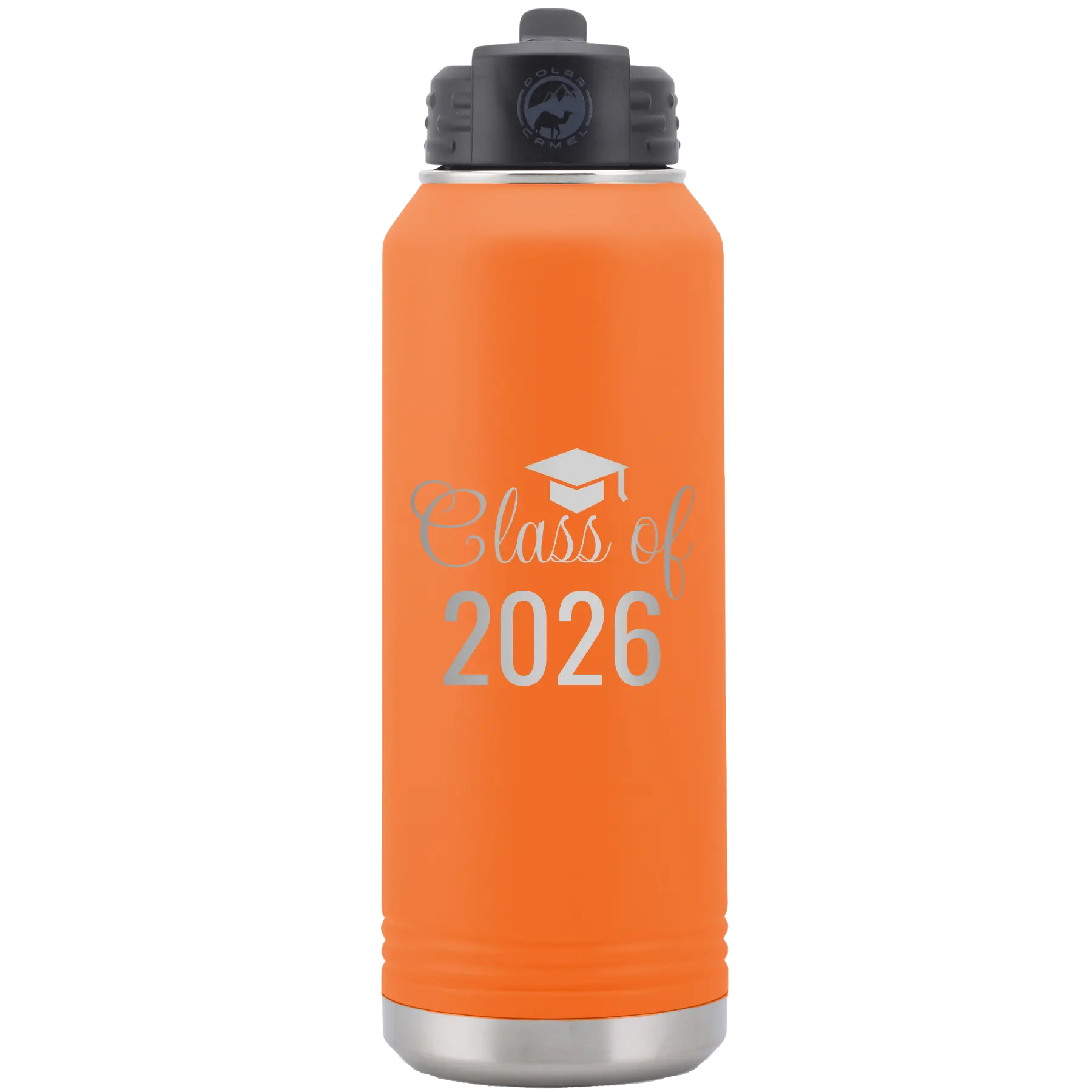 Personalized orange 32 oz vacuum insulated water bottle with 'Class of' design