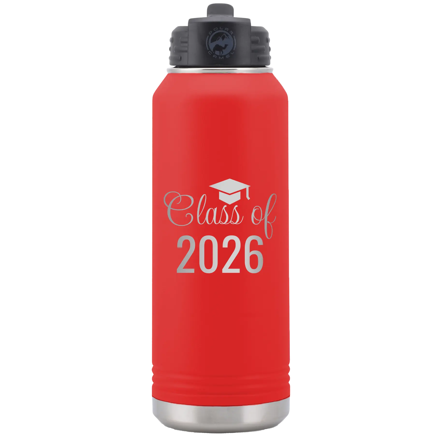 Personalized red 32 oz vacuum insulated water bottle with 'Class of' design