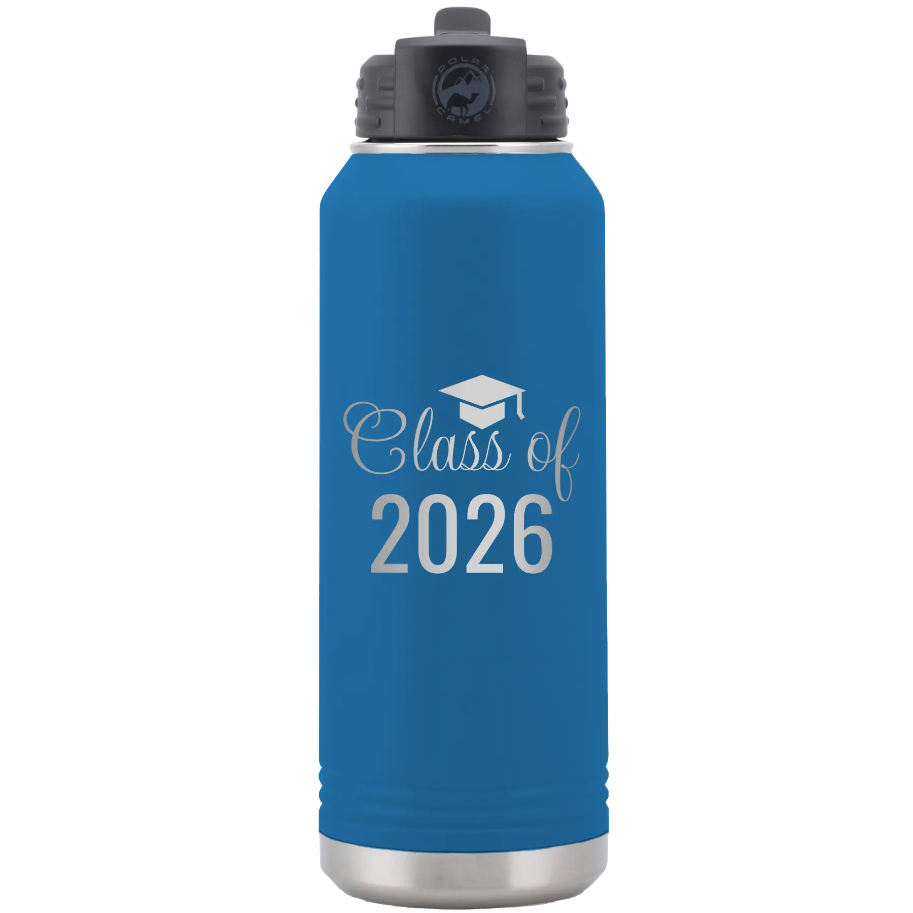 Personalized royal blue 32 oz vacuum insulated water bottle with 'Class of' design