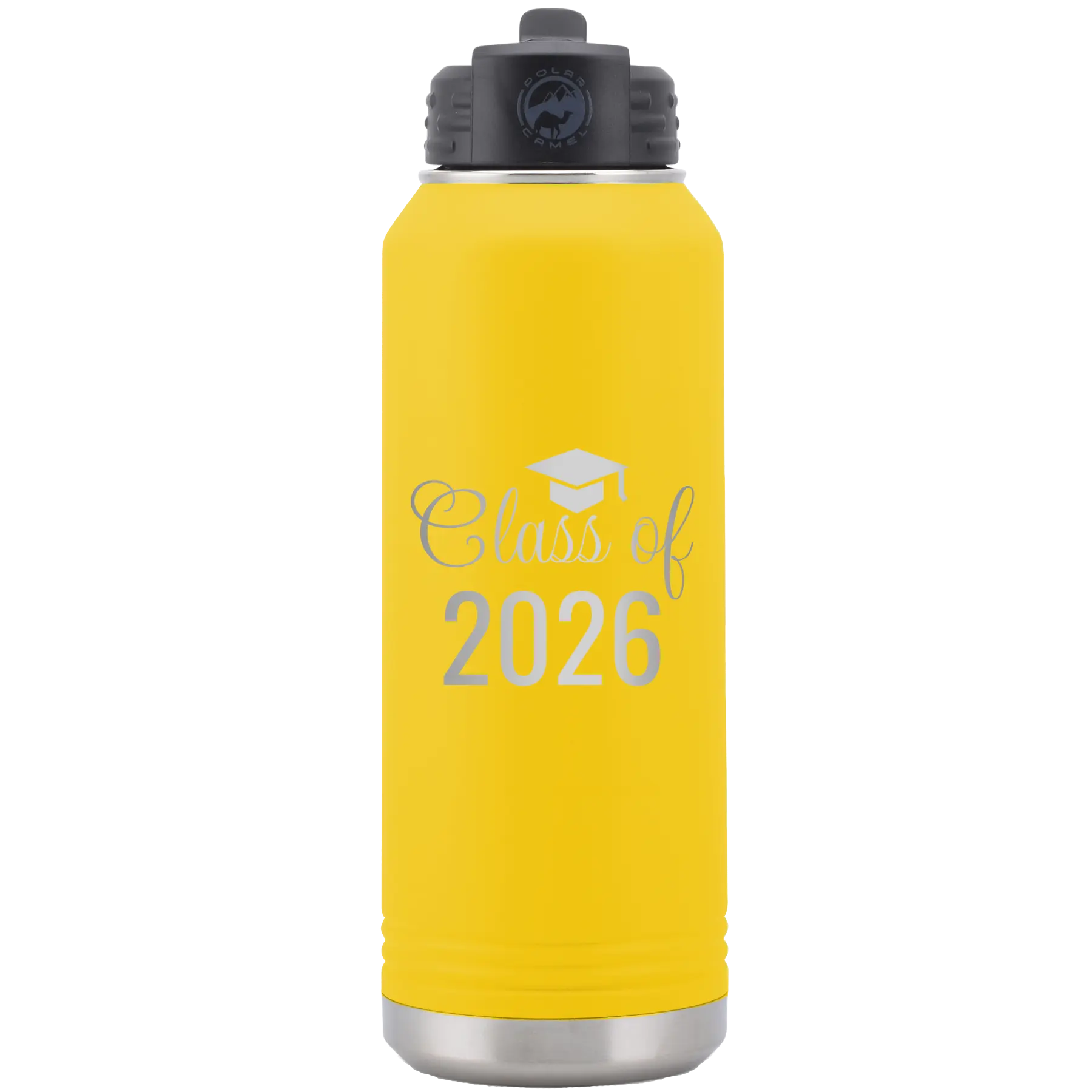 Personalized yellow 32 oz vacuum insulated water bottle with 'Class of' design