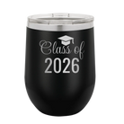 Personalized black 12 oz vacuum insulated wine cup with 'Class of' design