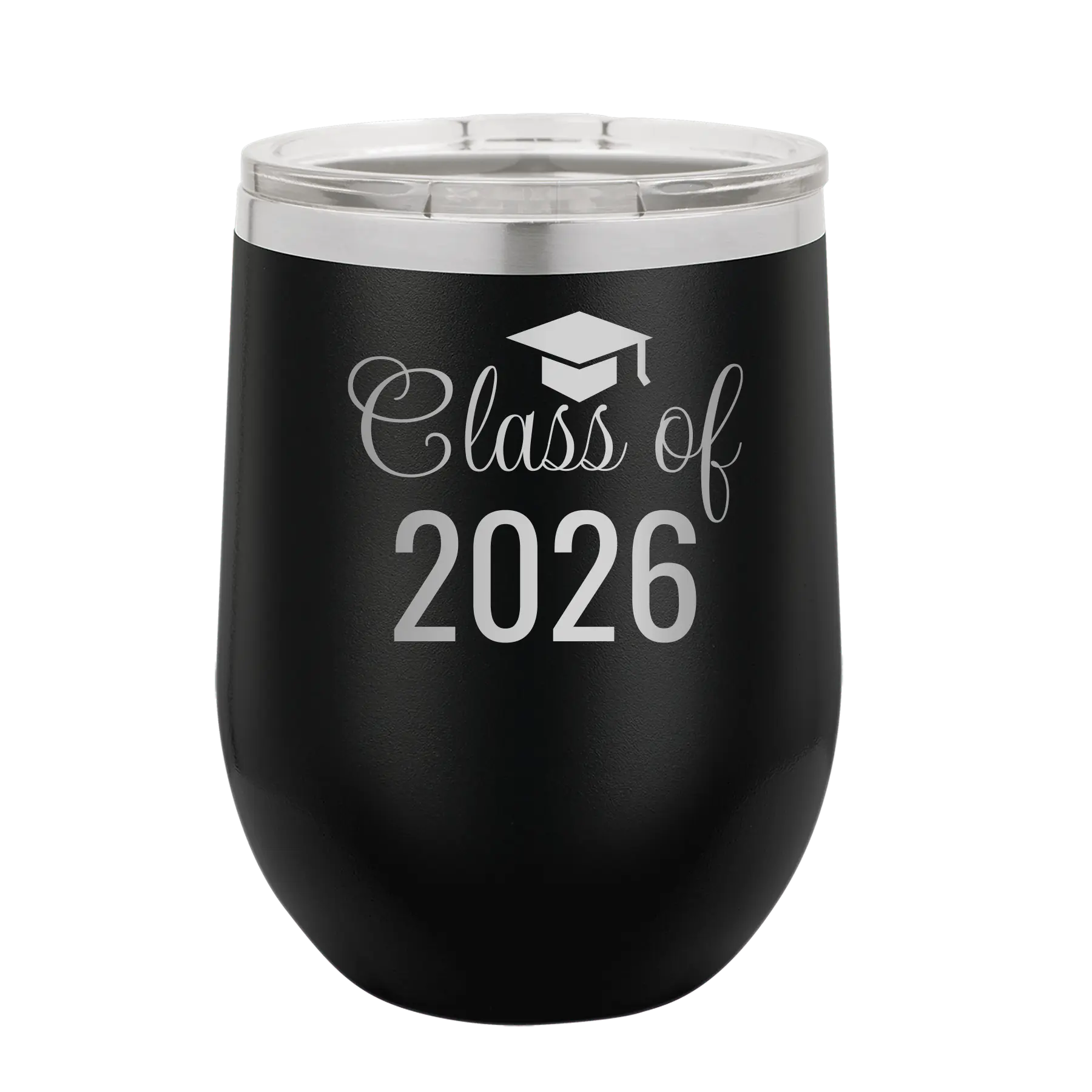 Personalized black 12 oz vacuum insulated wine cup with 'Class of' design
