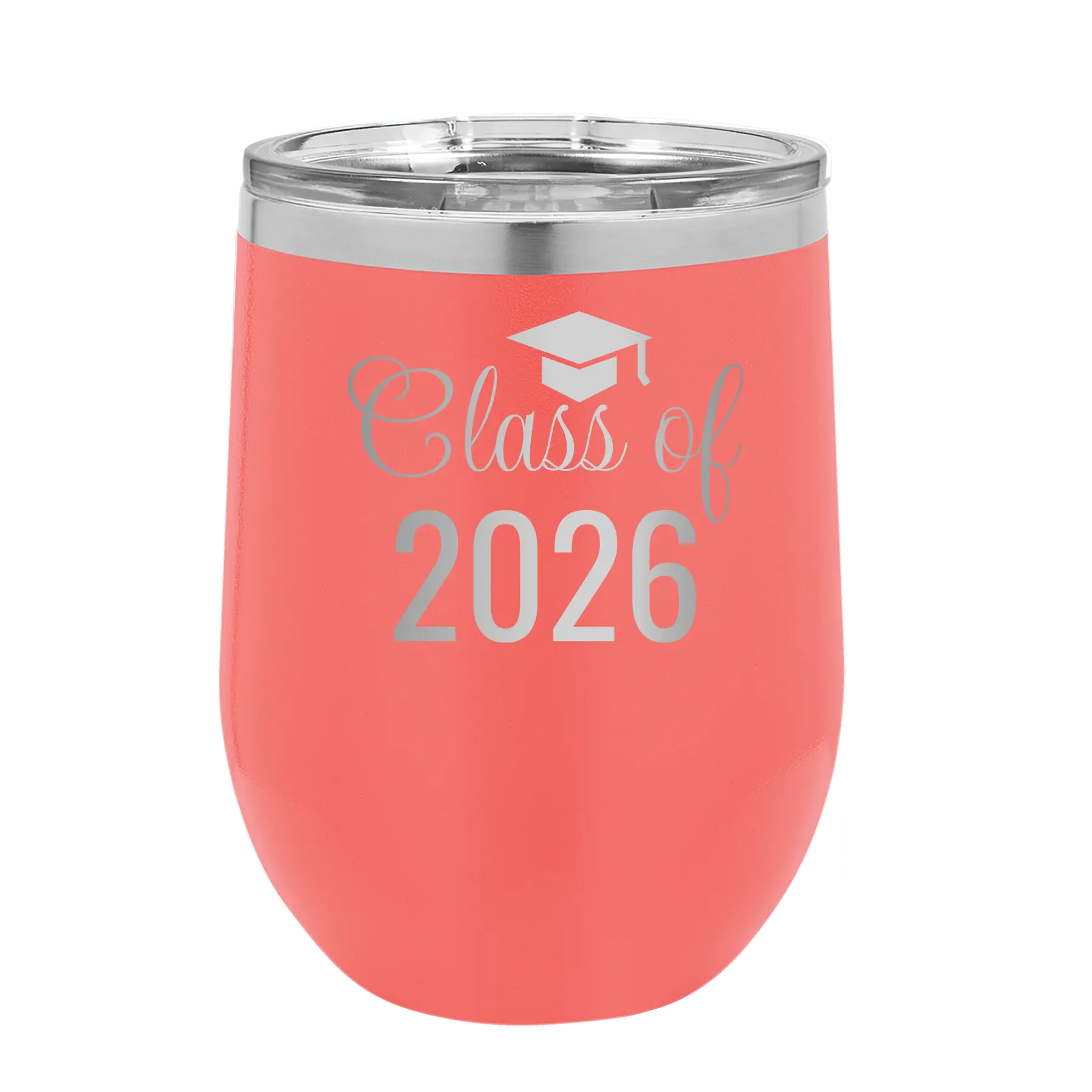 Personalized coral 12 oz vacuum insulated wine cup with 'Class of' design