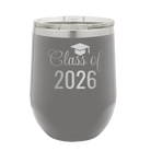Personalized dark gray 12 oz vacuum insulated wine cup with 'Class of' design