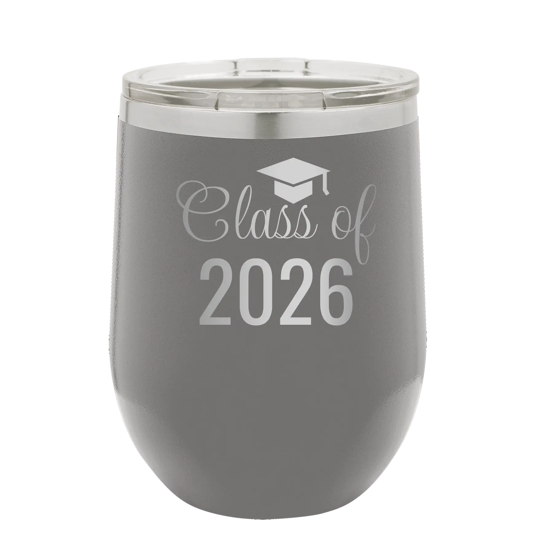 Personalized dark gray 12 oz vacuum insulated wine cup with 'Class of' design