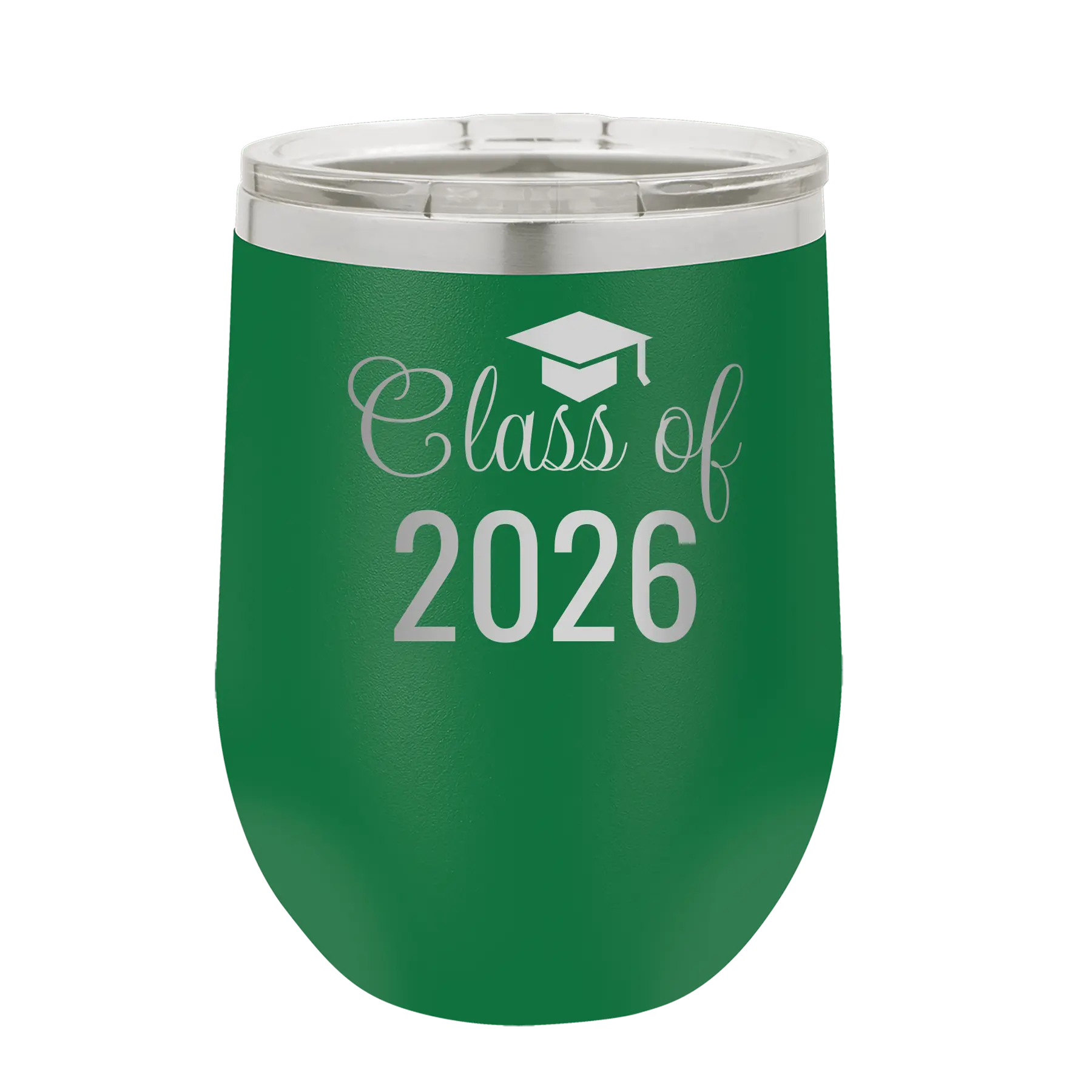 Personalized green 12 oz vacuum insulated wine cup with 'Class of' design