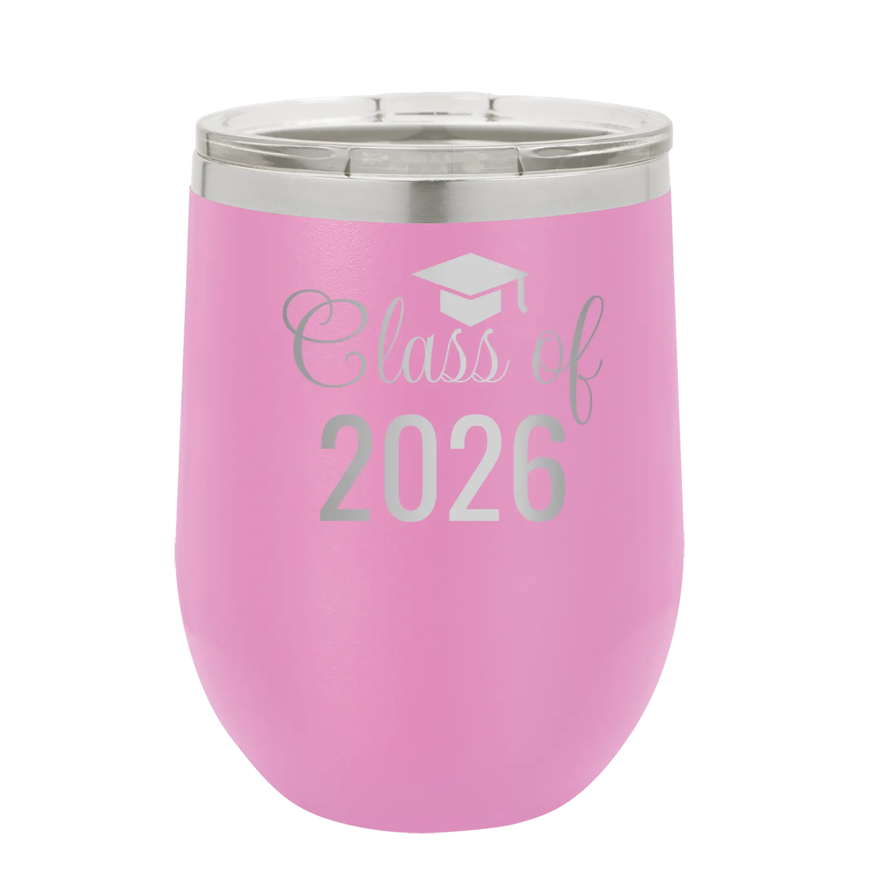 Personalized light purple 12 oz vacuum insulated wine cup with 'Class of' design