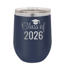 Personalized navy 12 oz vacuum insulated wine cup with 'Class of' design