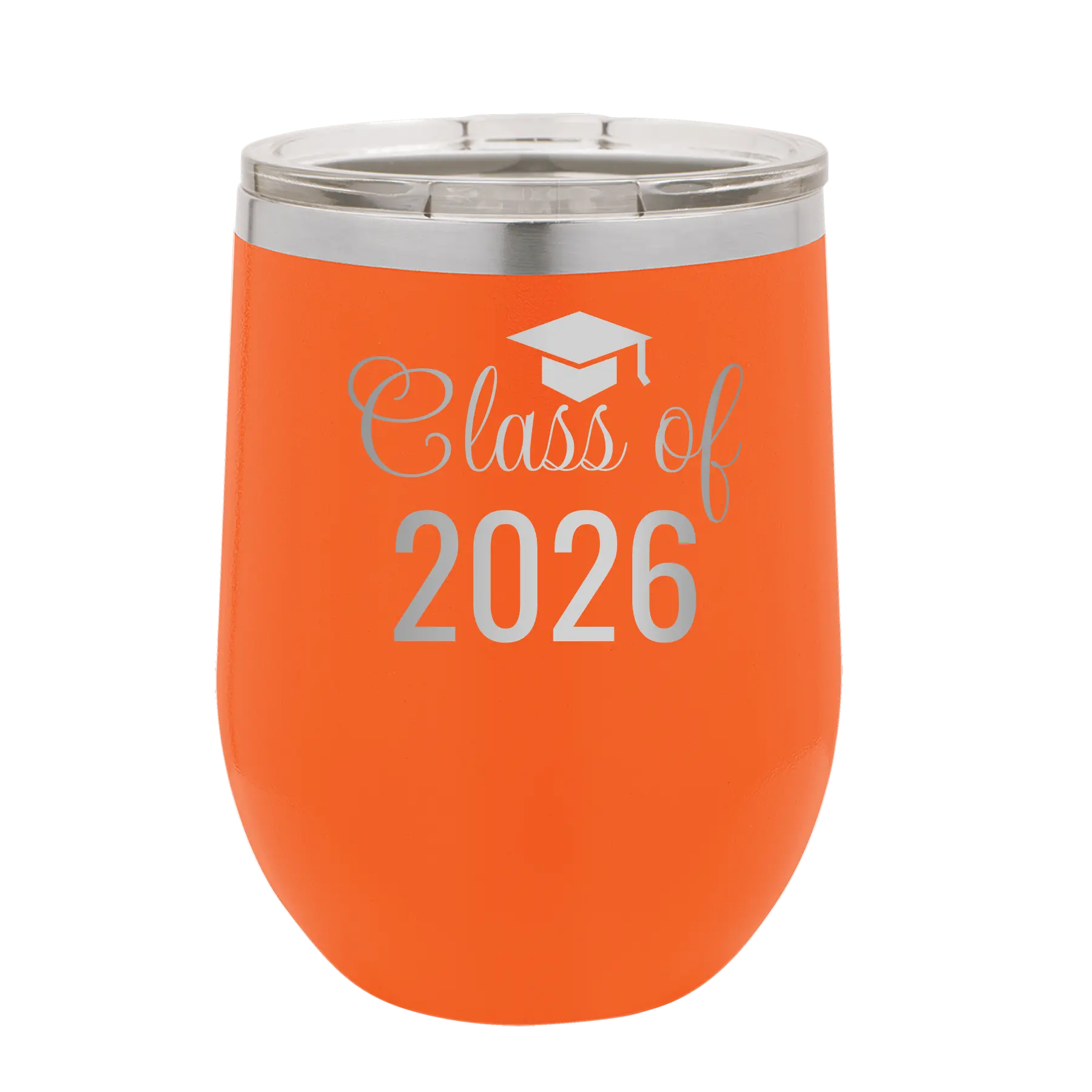 Personalized orange 12 oz vacuum insulated wine cup with 'Class of' design