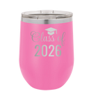 Personalized pink 12 oz vacuum insulated wine cup with 'Class of' design