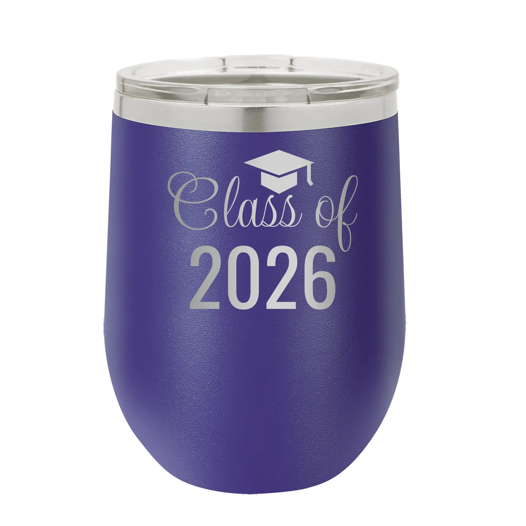 Personalized purple 12 oz vacuum insulated wine cup with 'Class of' design