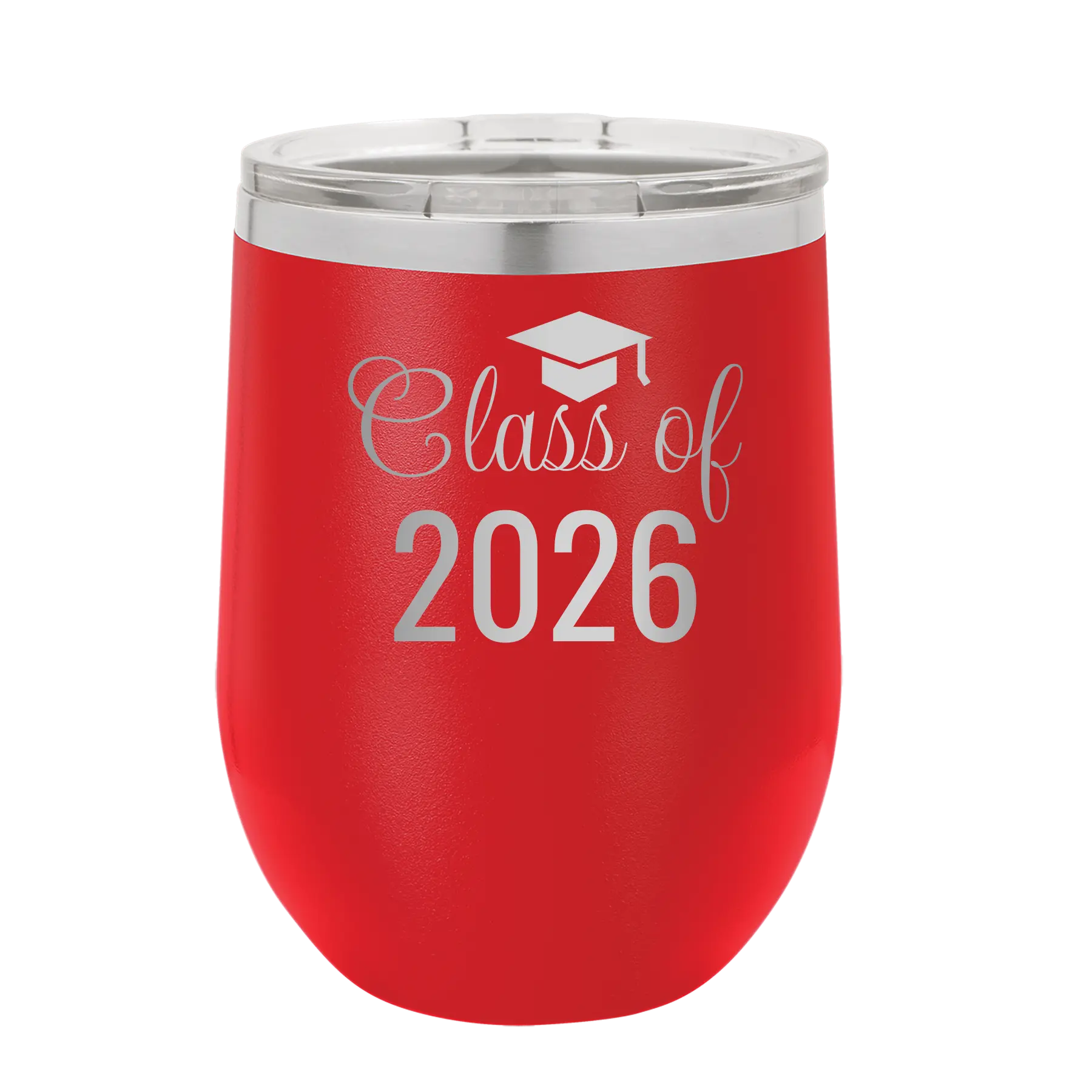 Personalized red 12 oz vacuum insulated wine cup with 'Class of' design