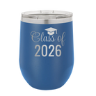 Personalized royal blue 12 oz vacuum insulated wine cup with 'Class of' design