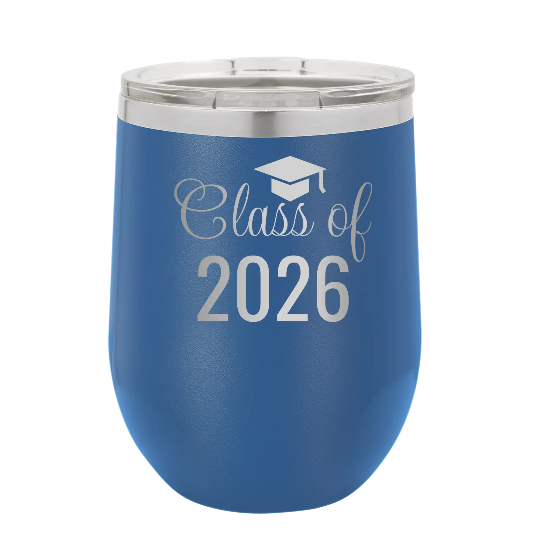 Personalized royal blue 12 oz vacuum insulated wine cup with 'Class of' design