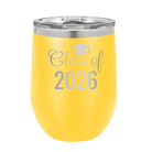Personalized yellow 12 oz vacuum insulated wine cup with 'Class of' design