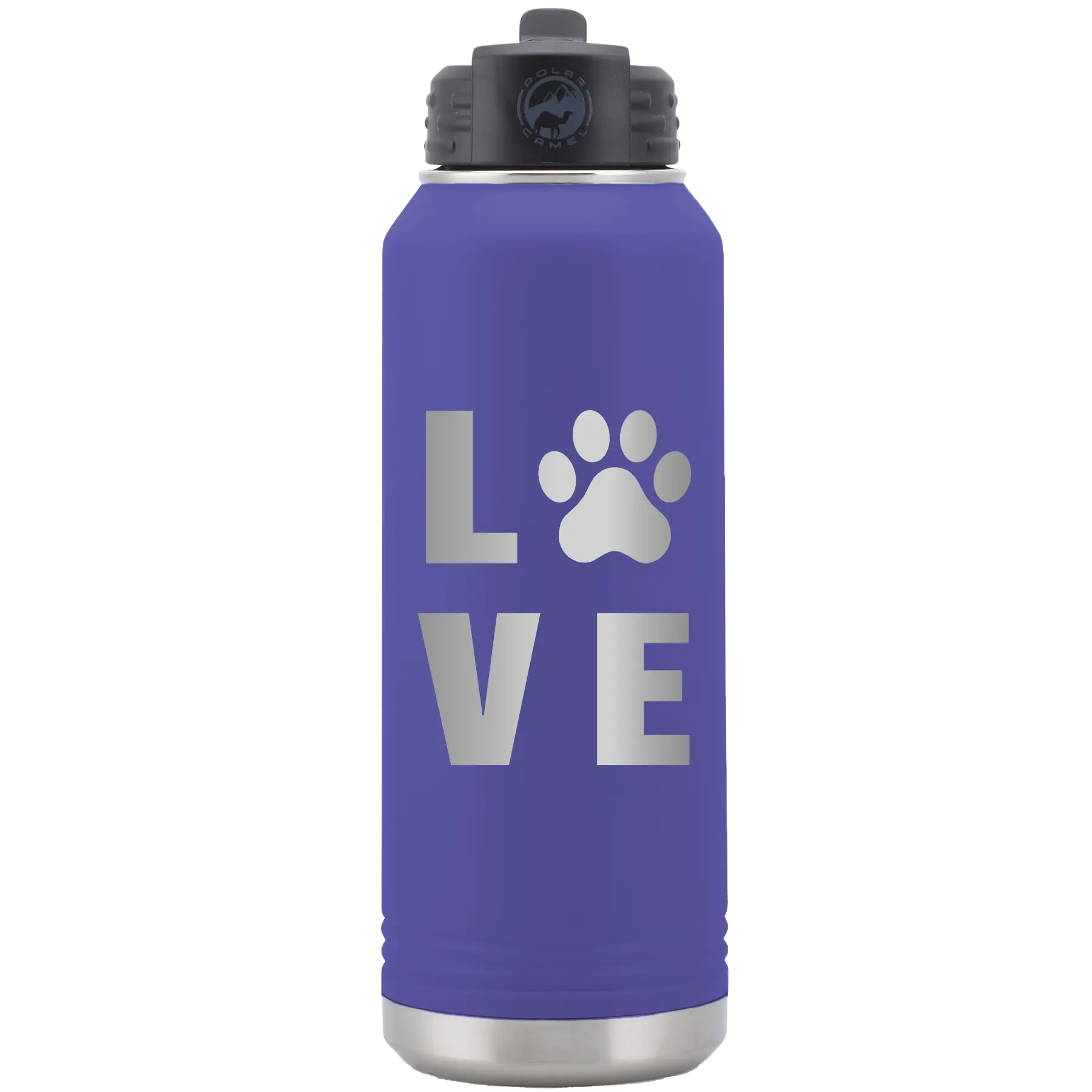 Laser etched purple 32 oz vacuum insulated water bottle with 'Paw Love' design