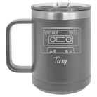 Personalized dark gray 15 oz vacuum insulated coffee mug with 'Vintage tape' design