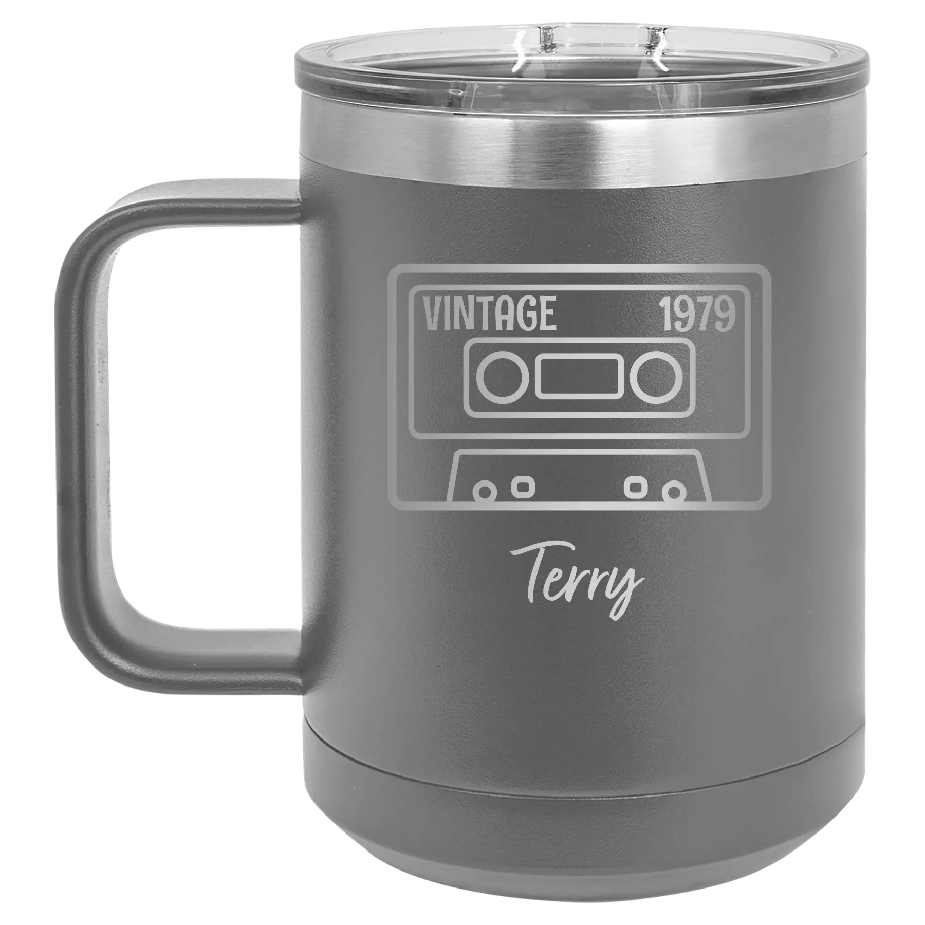 Personalized dark gray 15 oz vacuum insulated coffee mug with 'Vintage tape' design