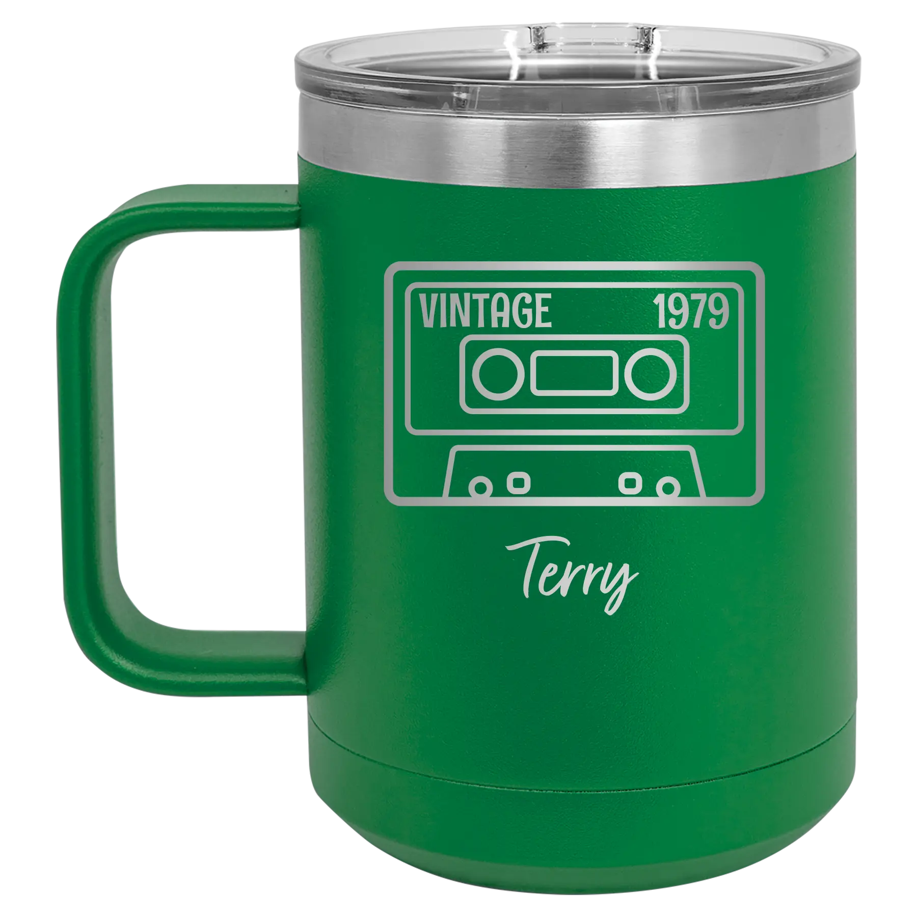 Personalized green 15 oz vacuum insulated coffee mug with 'Vintage tape' design
