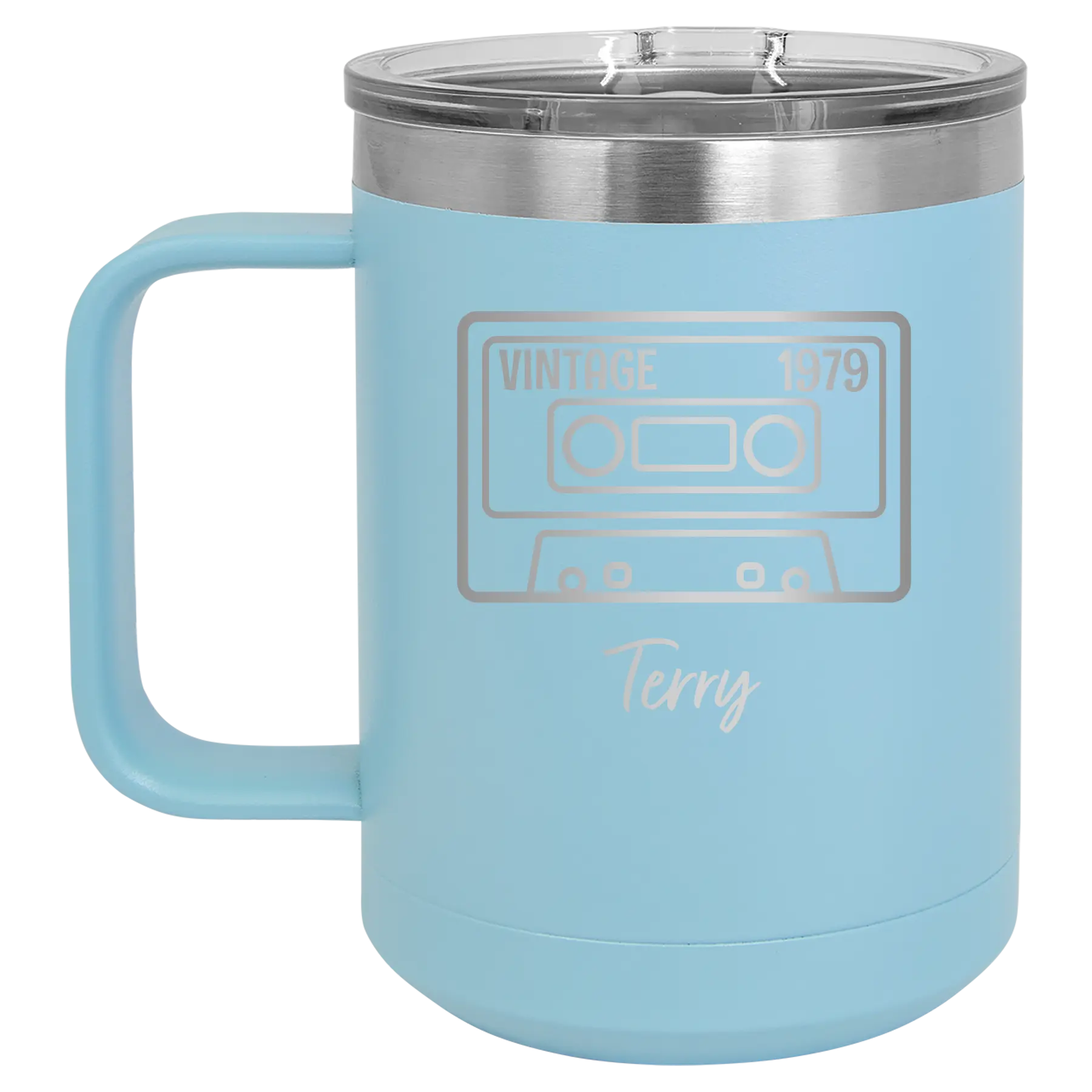 Personalized light blue 15 oz vacuum insulated coffee mug with 'Vintage tape' design
