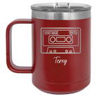 Personalized maroon 15 oz vacuum insulated coffee mug with 'Vintage tape' design