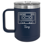 Personalized navy 15 oz vacuum insulated coffee mug with 'Vintage tape' design
