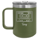 Personalized olive green 15 oz vacuum insulated coffee mug with 'Vintage tape' design
