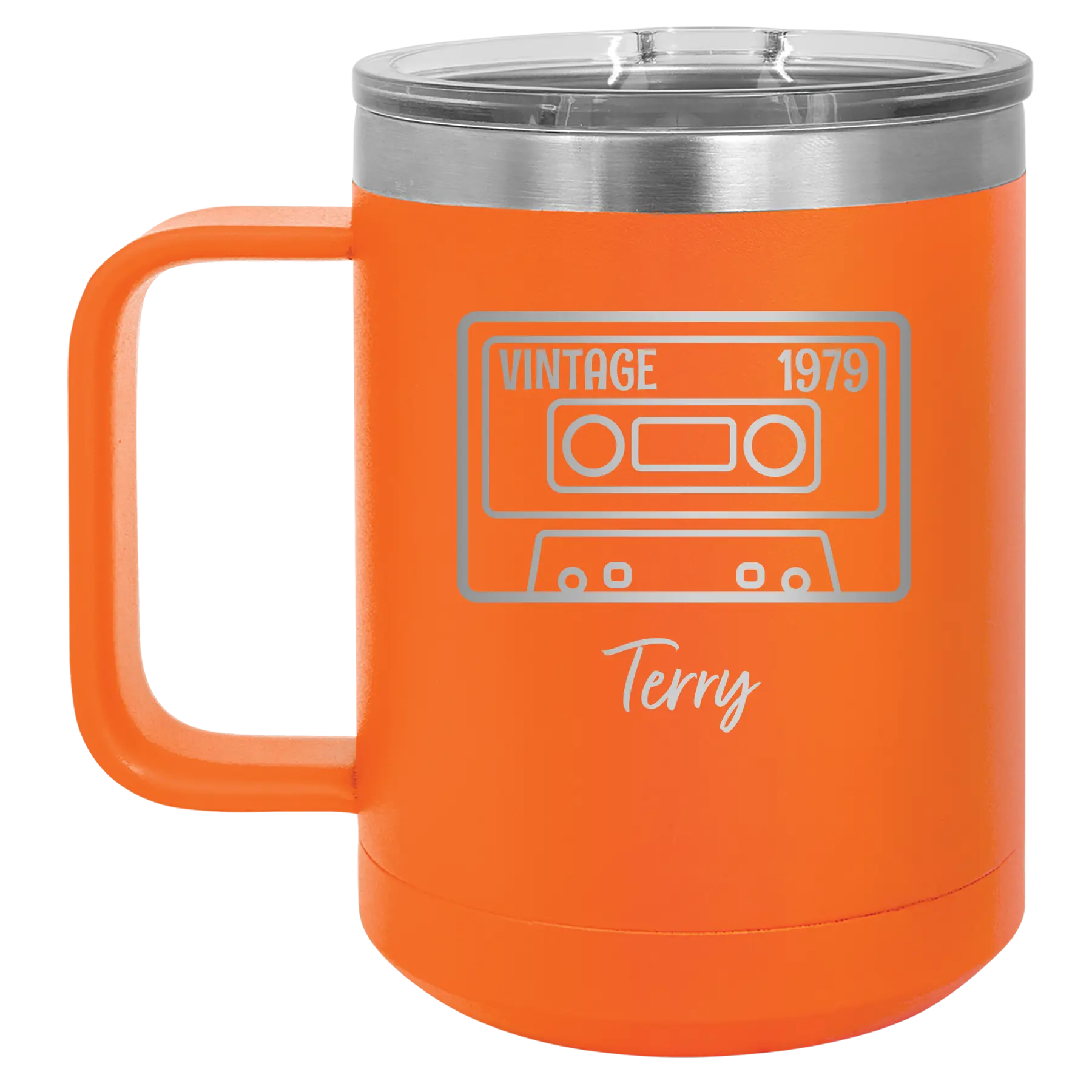 Personalized orange 15 oz vacuum insulated coffee mug with 'Vintage tape' design