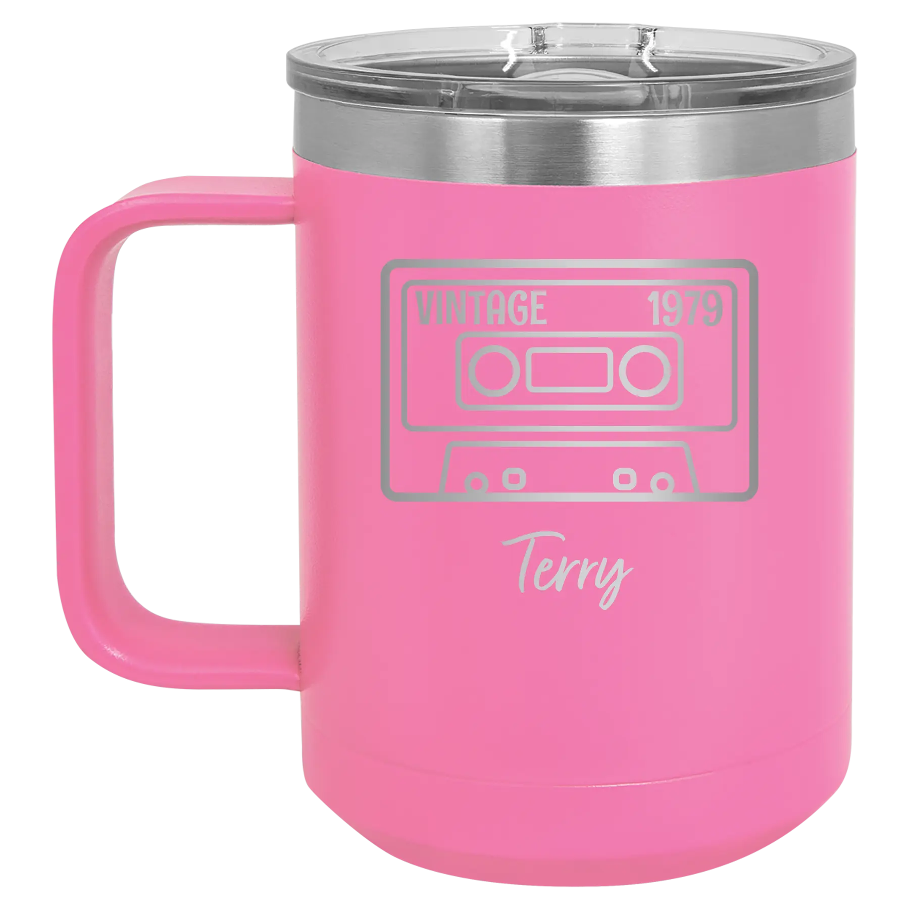 Personalized pink 15 oz vacuum insulated coffee mug with 'Vintage tape' design