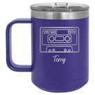 Personalized purple 15 oz vacuum insulated coffee mug with 'Vintage tape' design