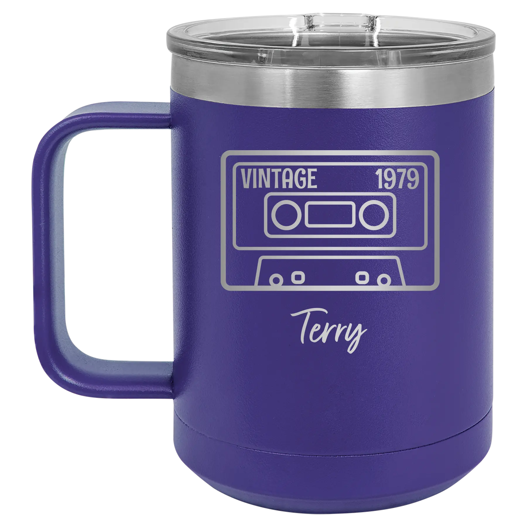 Personalized purple 15 oz vacuum insulated coffee mug with 'Vintage tape' design