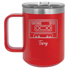 Personalized red 15 oz vacuum insulated coffee mug with 'Vintage tape' design