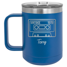 Personalized royal blue 15 oz vacuum insulated coffee mug with 'Vintage tape' design