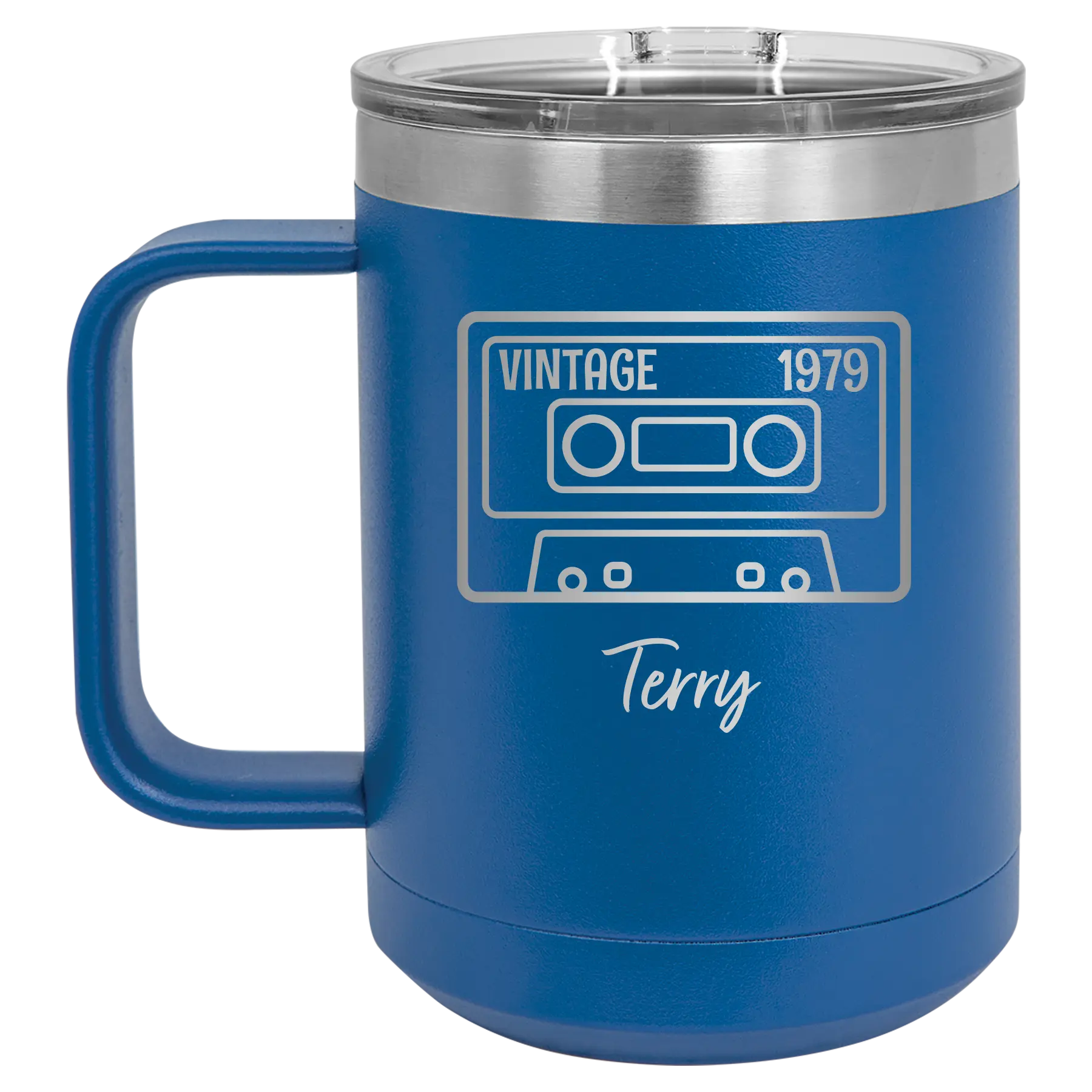 Personalized royal blue 15 oz vacuum insulated coffee mug with 'Vintage tape' design