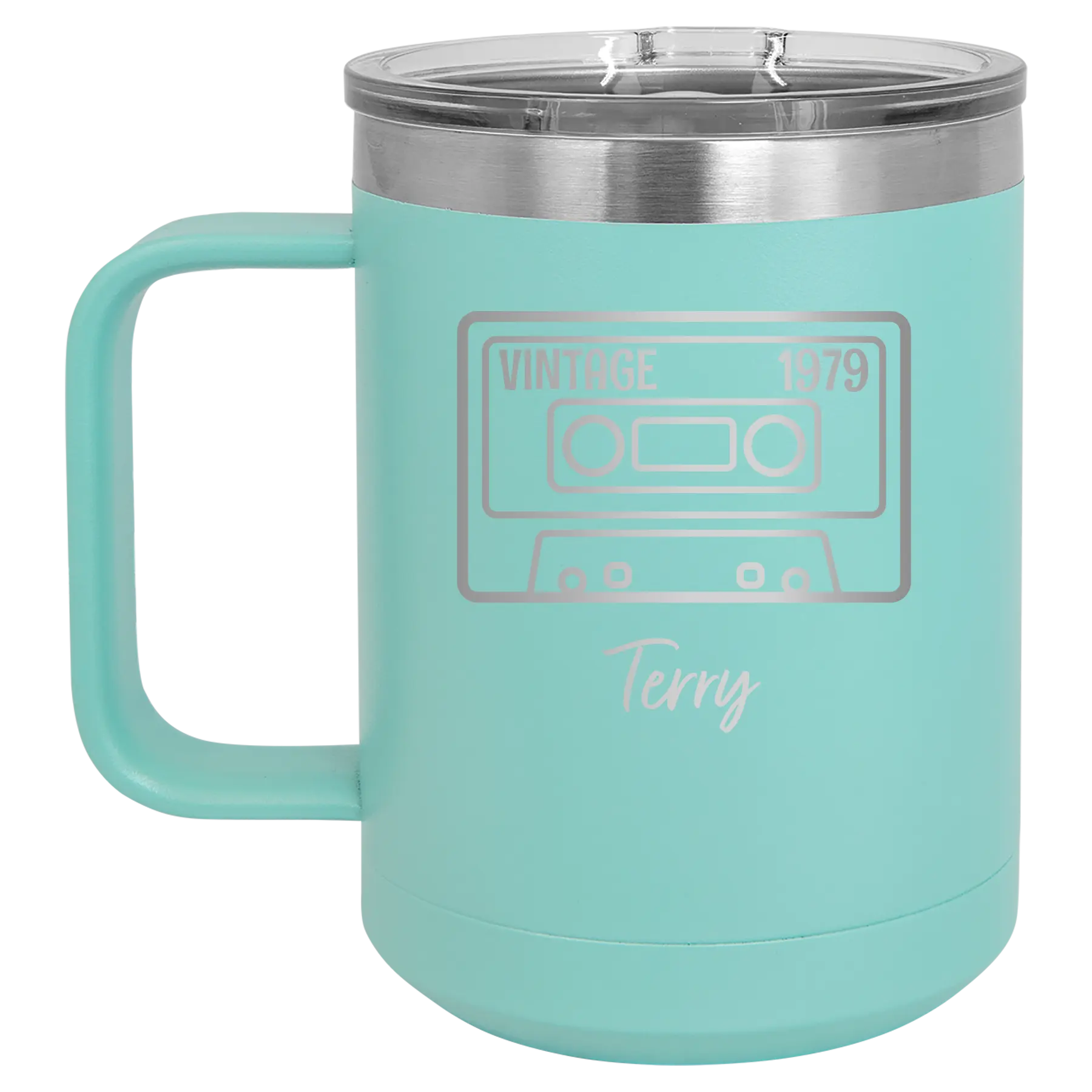 Personalized teal 15 oz vacuum insulated coffee mug with 'Vintage tape' design