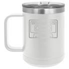 Personalized white 15 oz vacuum insulated coffee mug with 'Vintage tape' design