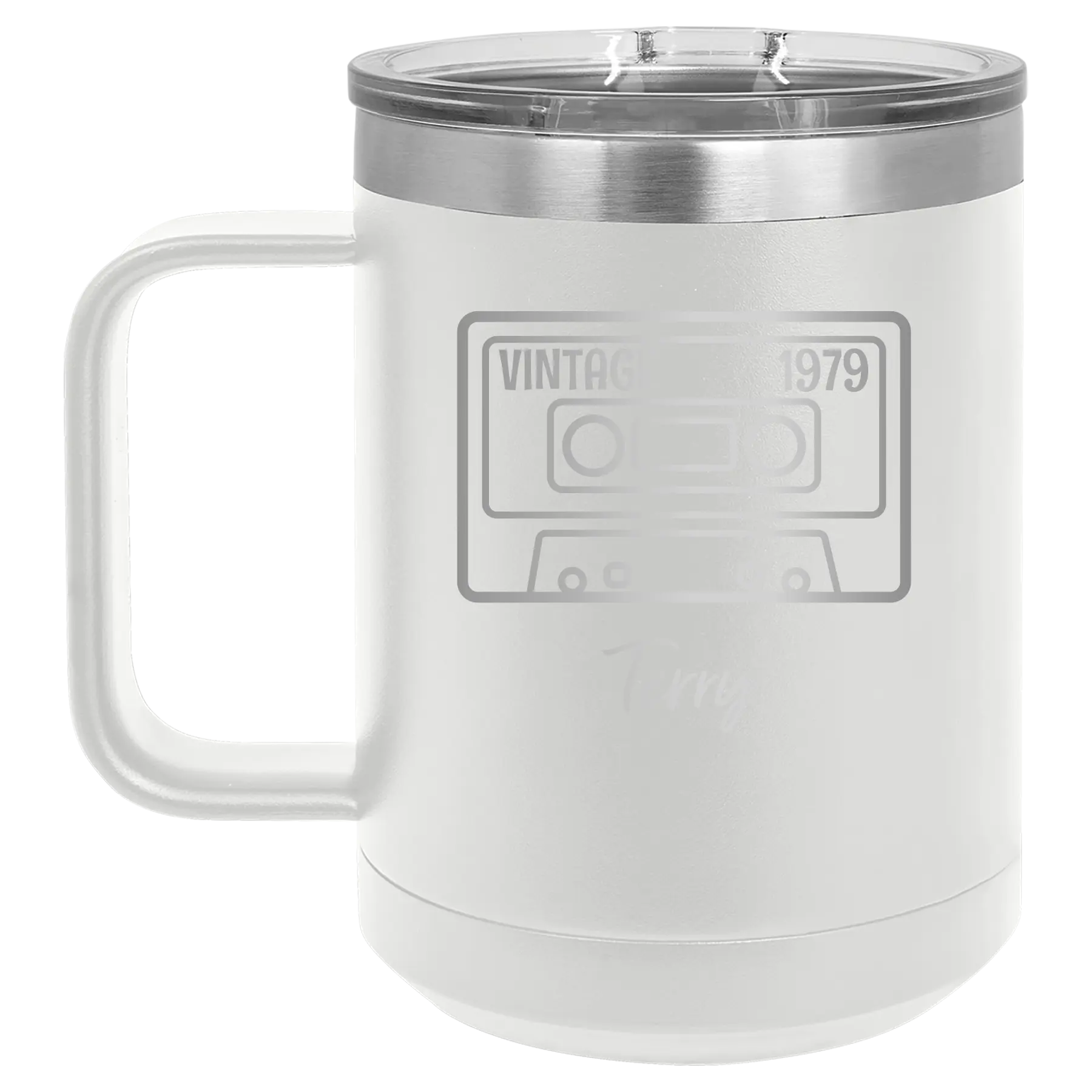 Personalized white 15 oz vacuum insulated coffee mug with 'Vintage tape' design