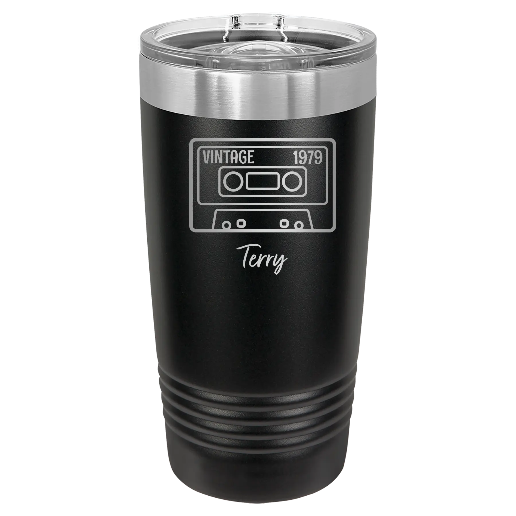 Personalized black 20 oz vacuum insulated tumbler with 'Vintage tape' design