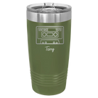 Personalized olive green 20 oz vacuum insulated tumbler with 'Vintage tape' design