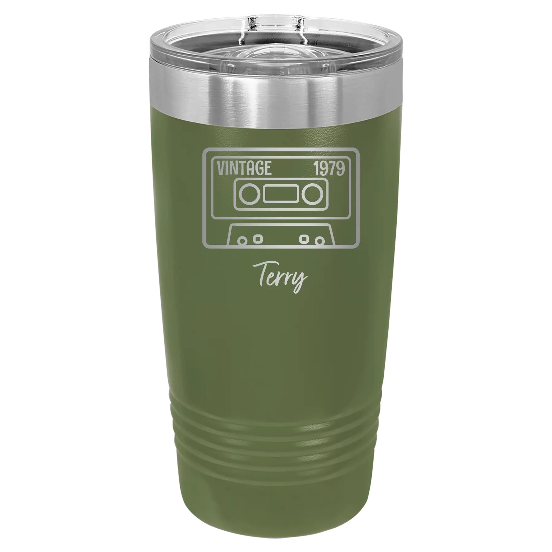 Personalized olive green 20 oz vacuum insulated tumbler with 'Vintage tape' design