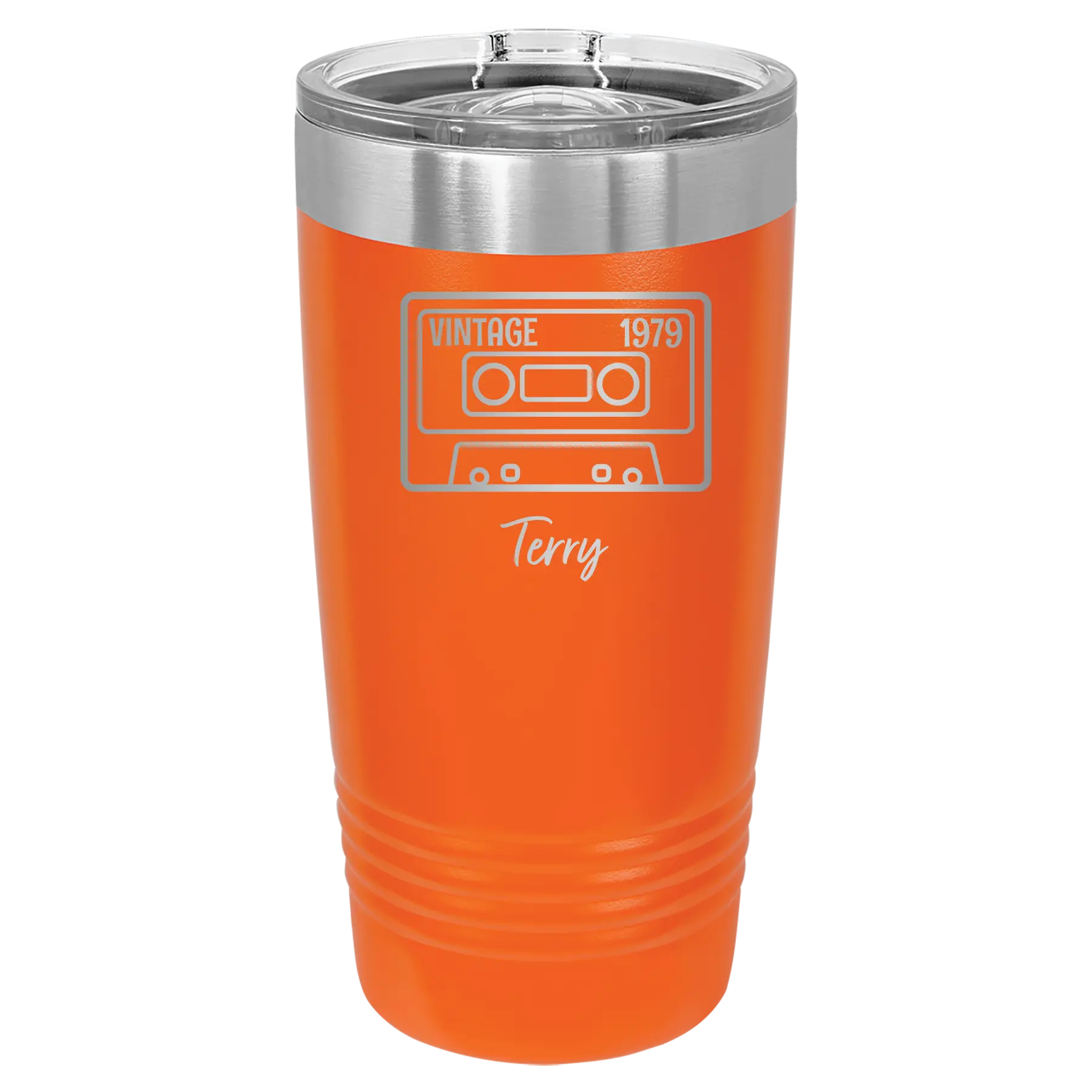 Personalized orange 20 oz vacuum insulated tumbler with 'Vintage tape' design