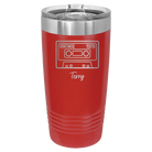 Personalized red 20 oz vacuum insulated tumbler with 'Vintage tape' design