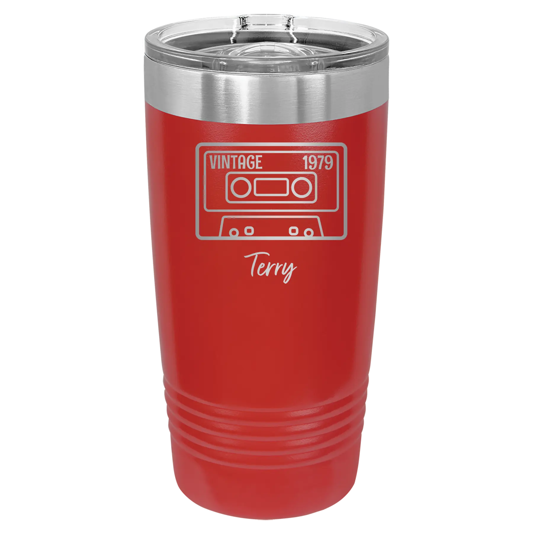 Personalized red 20 oz vacuum insulated tumbler with 'Vintage tape' design