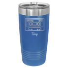 Personalized royal blue 20 oz vacuum insulated tumbler with 'Vintage tape' design