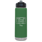 Personalized green 20 oz vacuum insulated water bottle with 'Vintage tape' design