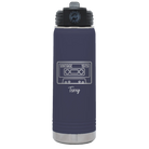 Personalized navy 20 oz vacuum insulated water bottle with 'Vintage tape' design