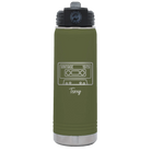 Personalized olive green 20 oz vacuum insulated water bottle with 'Vintage tape' design