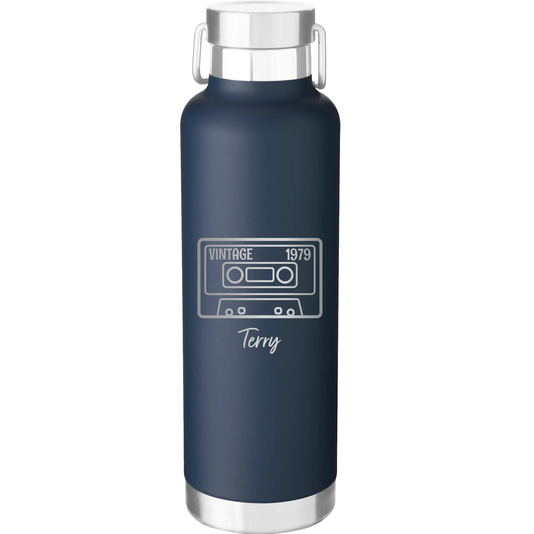 Personalized navy 24 oz vacuum insulated water bottle with 'Vintage tape' design