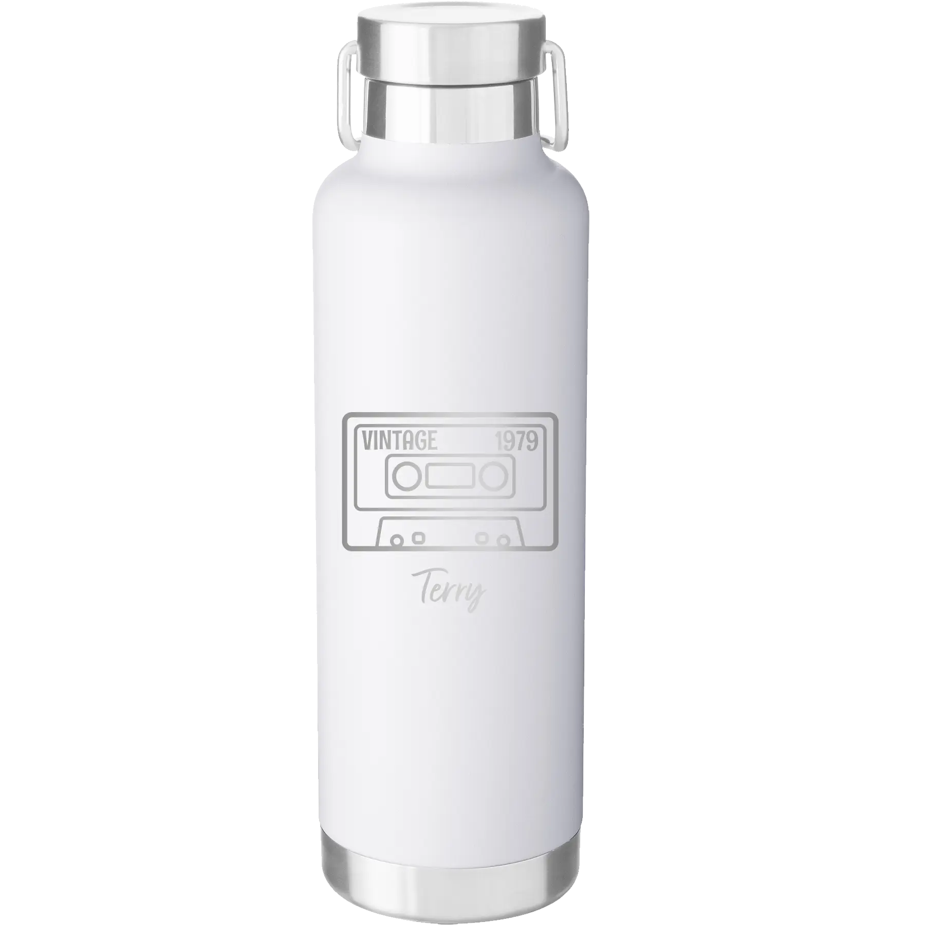 Personalized white 24 oz vacuum insulated water bottle with 'Vintage tape' design